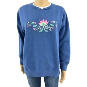 Pembrook LARGE VINTAGE Y2K Womens Blue Floral Embroidered Cottage Granny Sweater